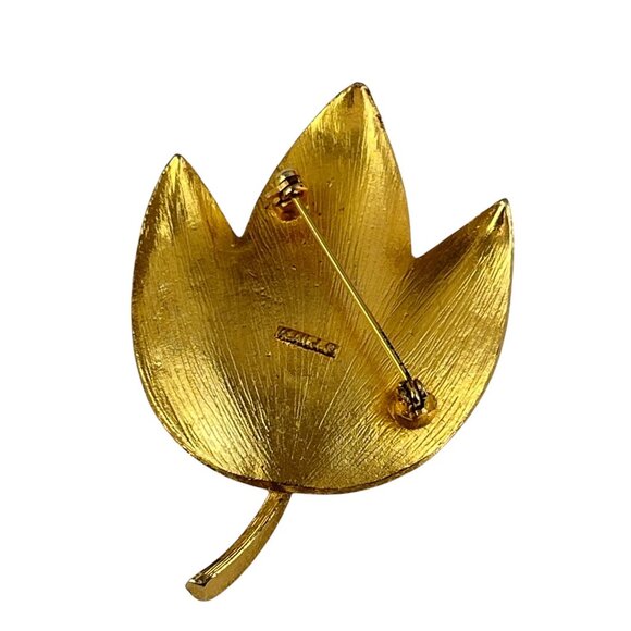 Vintage Trifari Retro Gold-Tone Leaf Brooch With Pink White Enamel Accents - Picture 7 of 8